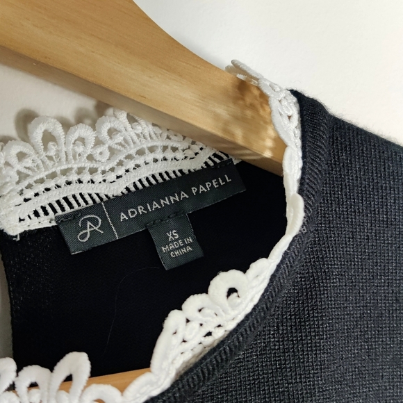 Adrianna Papell Black Knit Sweater Blouse White Scalloped Lace Trim - Picture 11 of 12